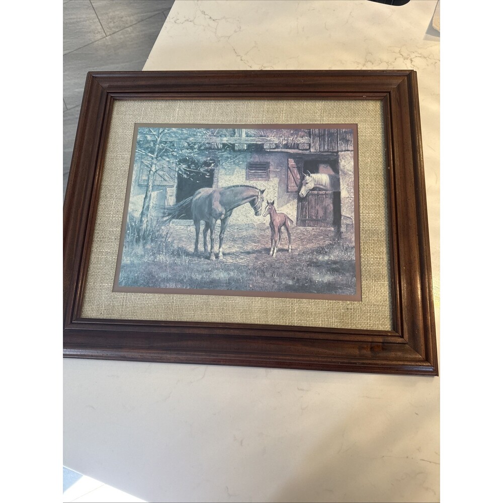 VTG HOME INTERIOR Framed Horse Picture "Mare & Filly in Barn Yard Double Matted
